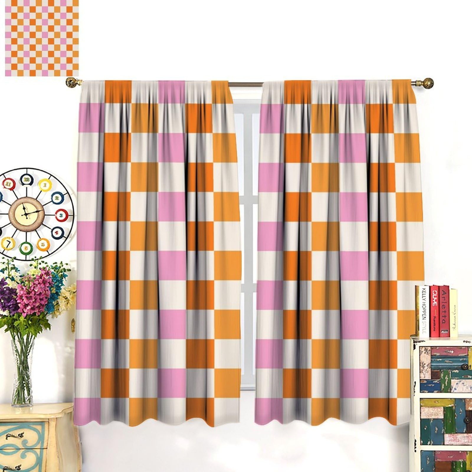 Hippie Retro 70s Curtains Vintage Geometric Square Grid Yellow Orange Pink 19…