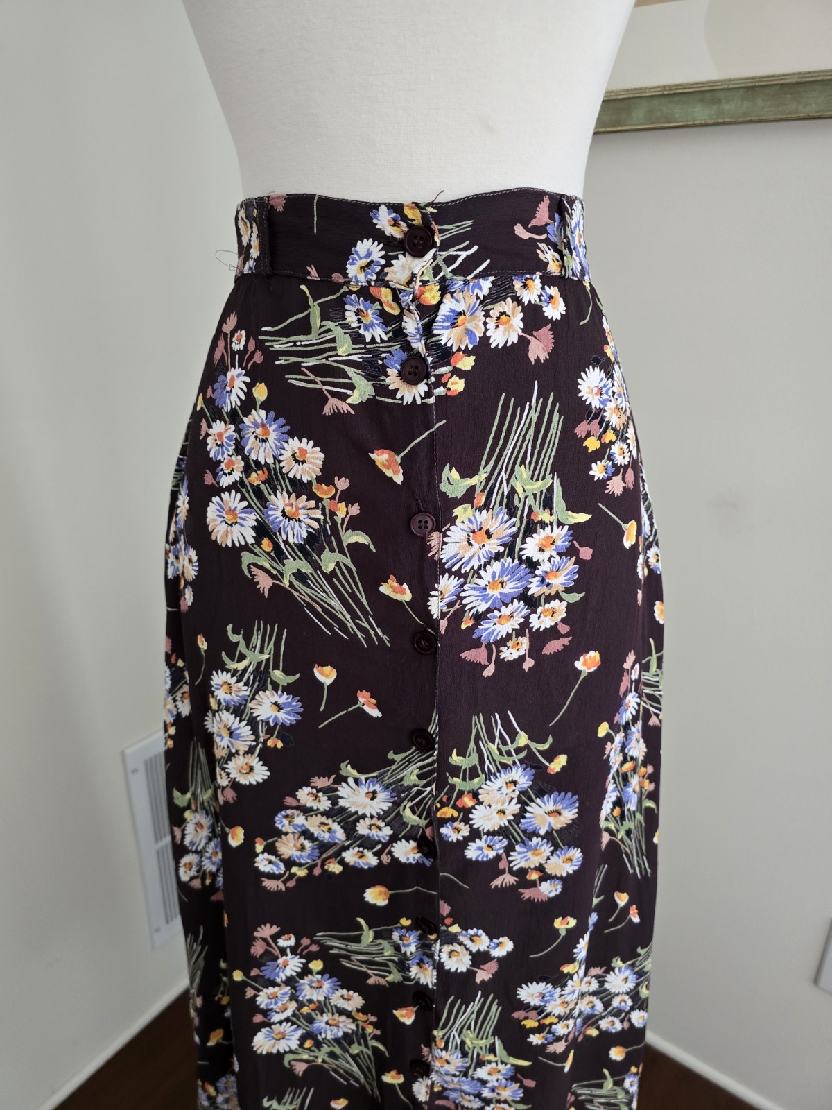 Vintage 90s Brown Floral Skirt Womens Small Cottagecore Full Button Front