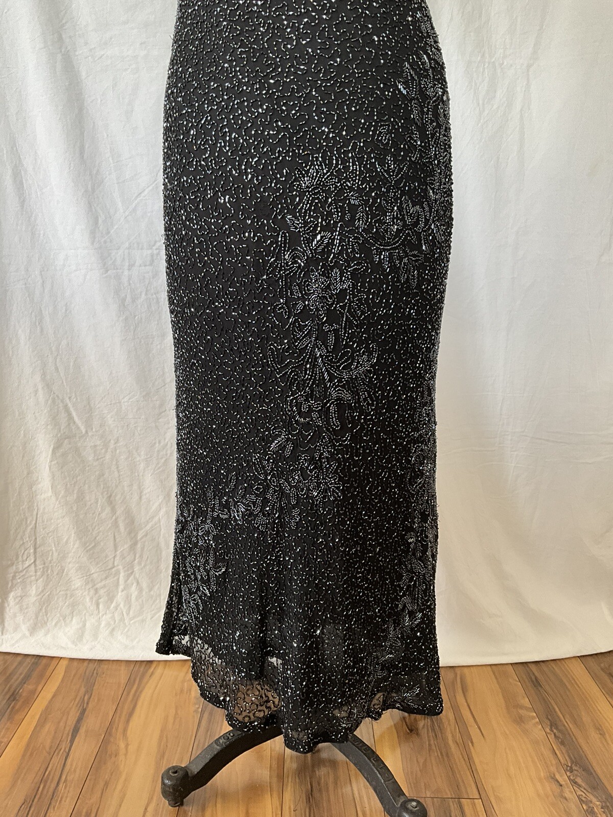 Vintage Black Beaded Silk Slip Long Dress Size XS Missing Label Mint Condition
