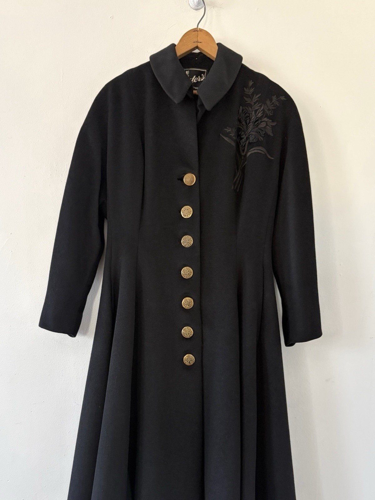 Vintage 1950s Black Wool Swing Coat Dress Princess Line Appliqué Formal New Look