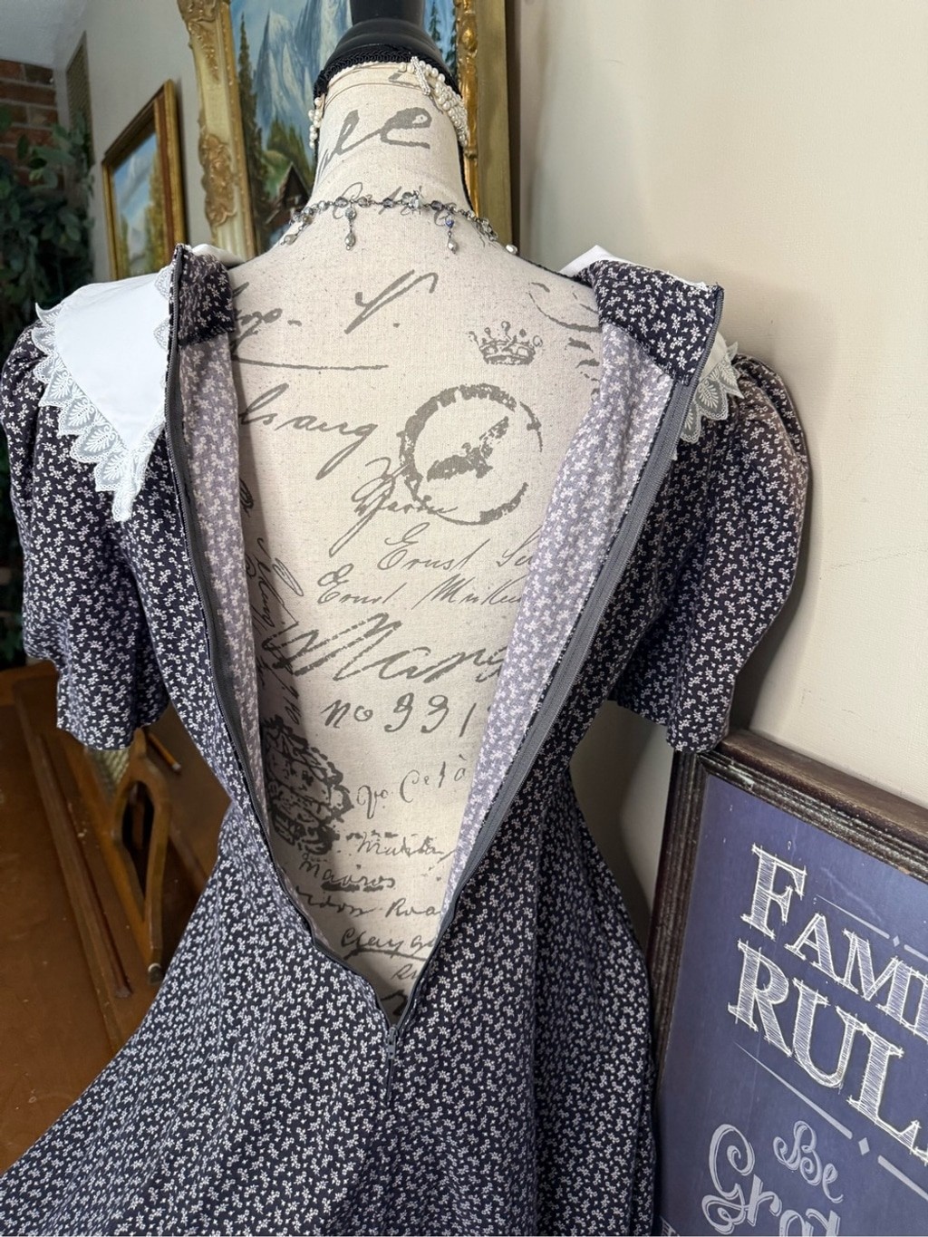 Vintage 90s Handmade Floral Cottagecore Midi Dress – White Lace Peter Pan Collar