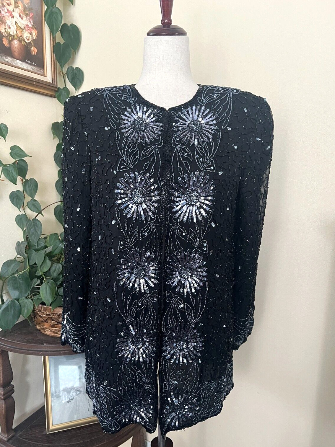 Vintage Brilliante by JA Black Silk Beaded Blouse Formal Embellished Jacket sz M