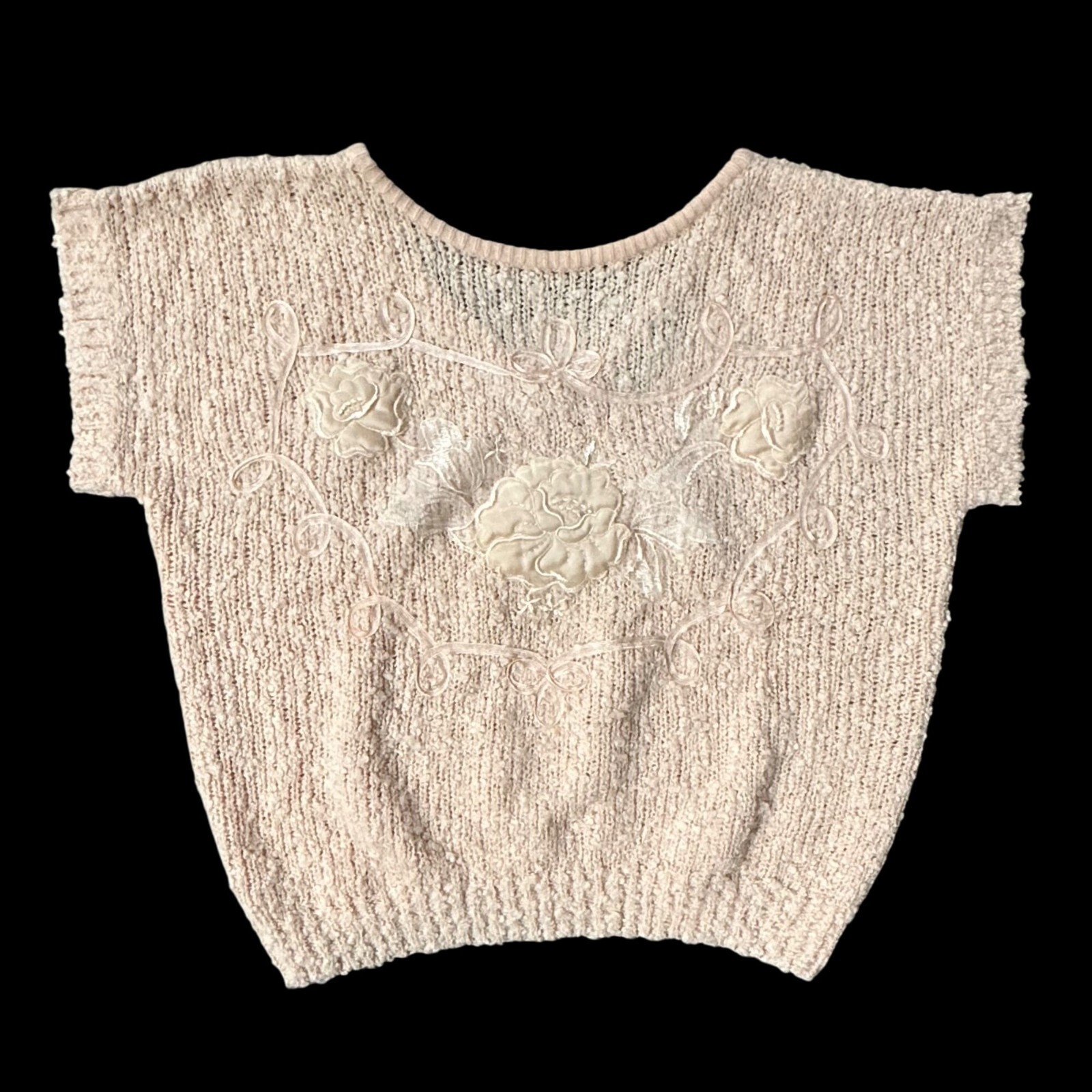 Vintage Peach Short Sleeve Sweater 1980s Yarnworks Floral Applique Large Taiwan
