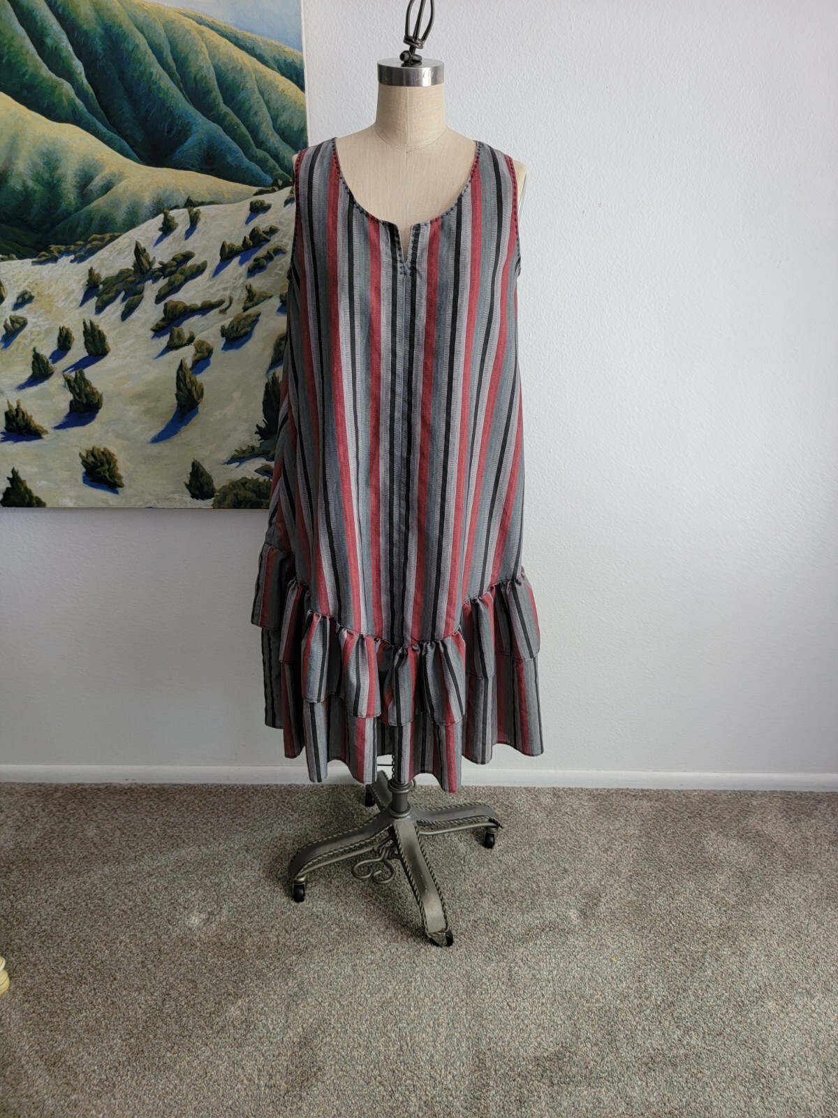 VINTAGE Midi Dress Medium 1980S 1990S HOMEMADE Striped Ruffle Manes Fabric Co
