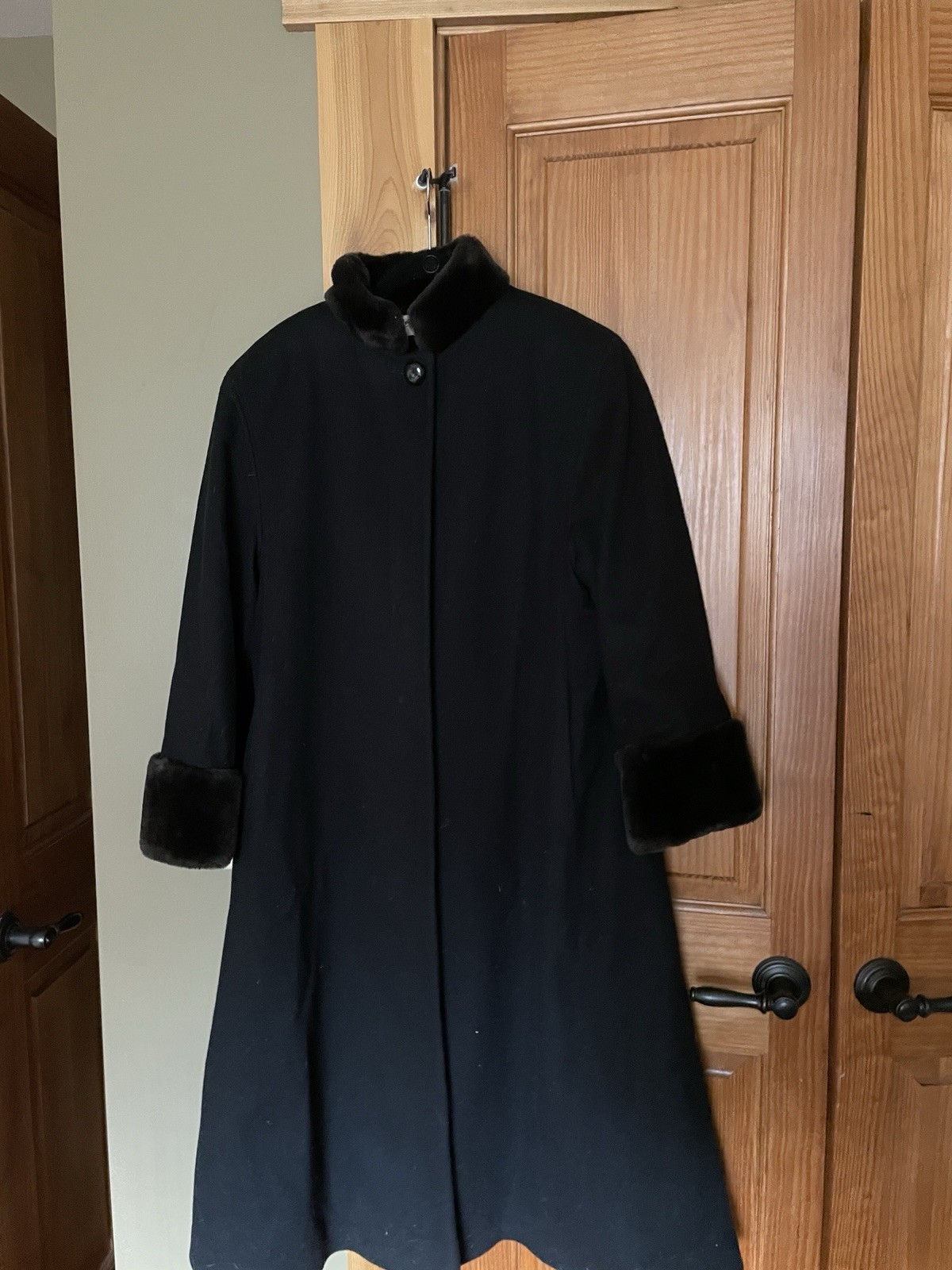 Vintage Black Wool Duster Coat With Faux Fur Collar And Cuffs