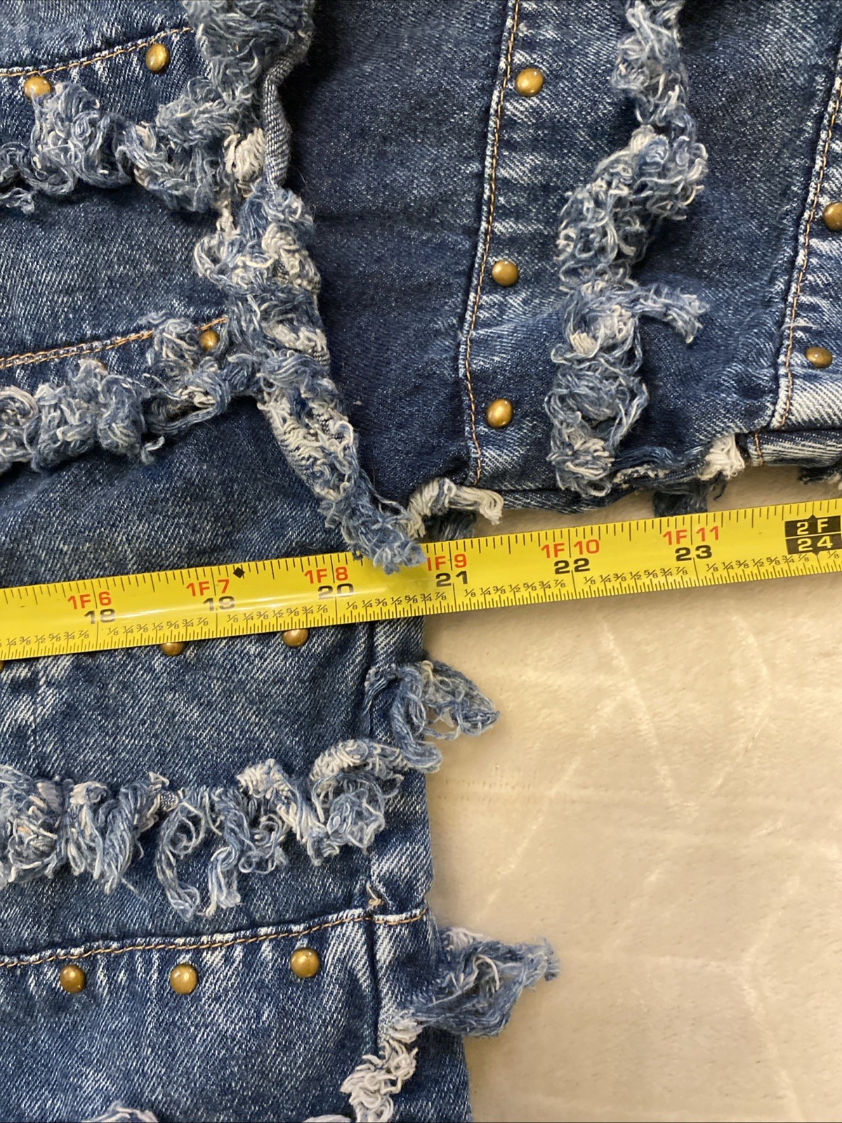 VTG Style Frayed Shaggy Fringe Denim Shacket L Brass Tone Buttons Boho Western