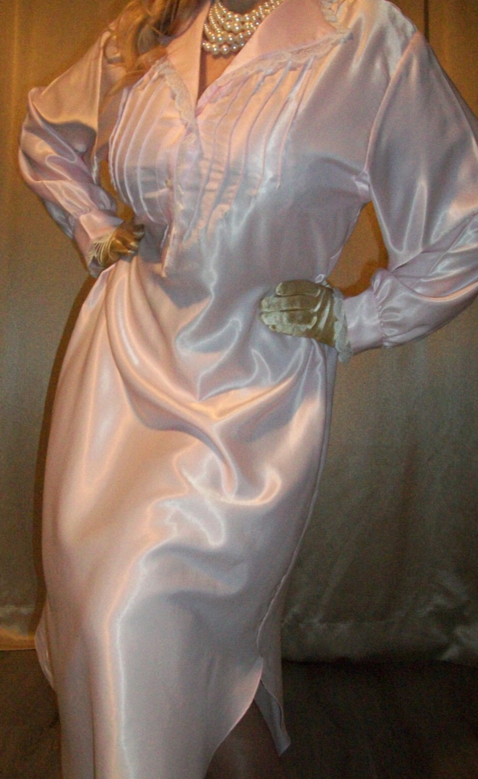 Vtg Pink Long Satin Cottagecore Nightgown L