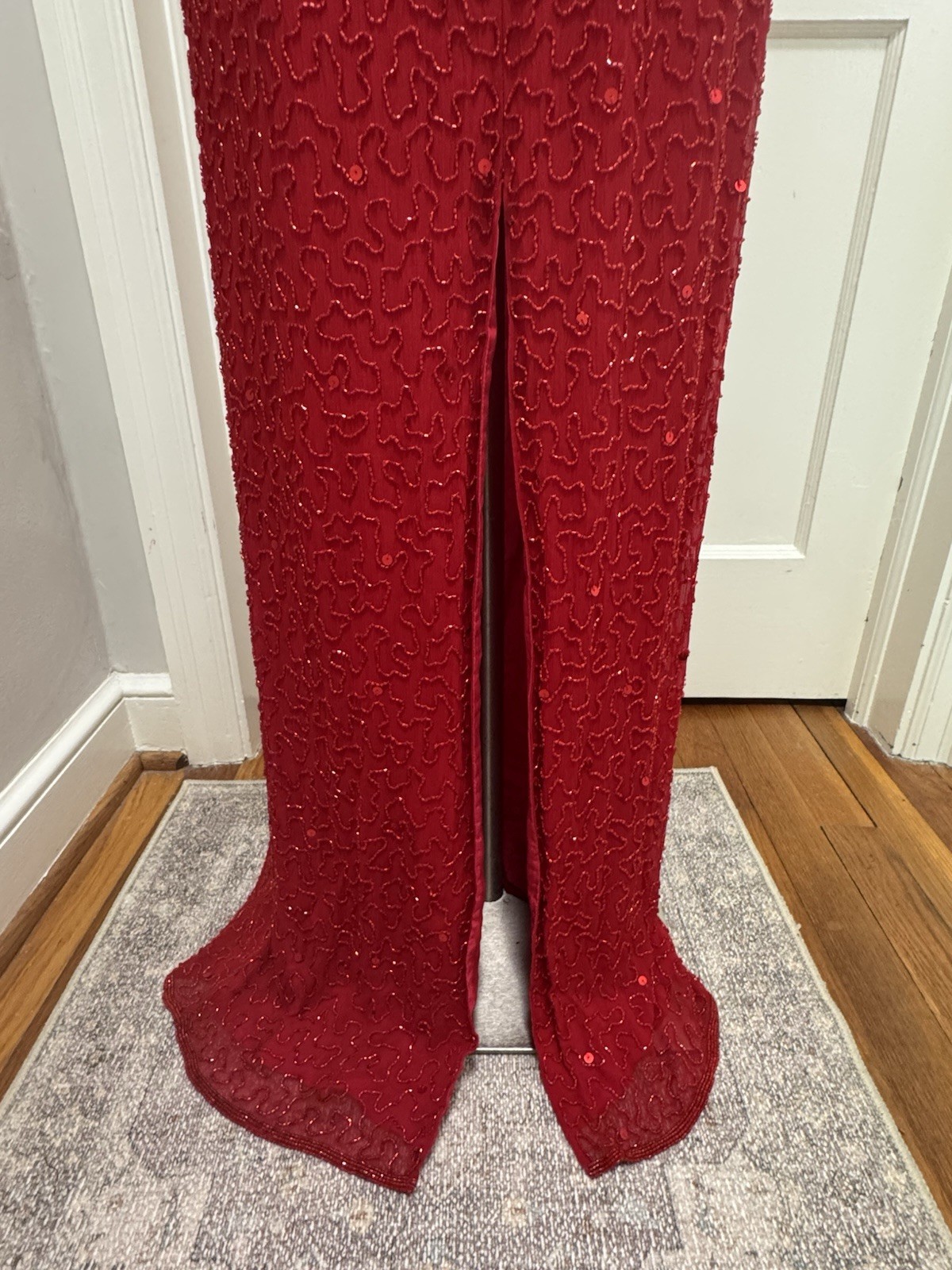 Sean Collection Vintage 90s Red Sequin Silk Gown Beaded Cage Back Formal L