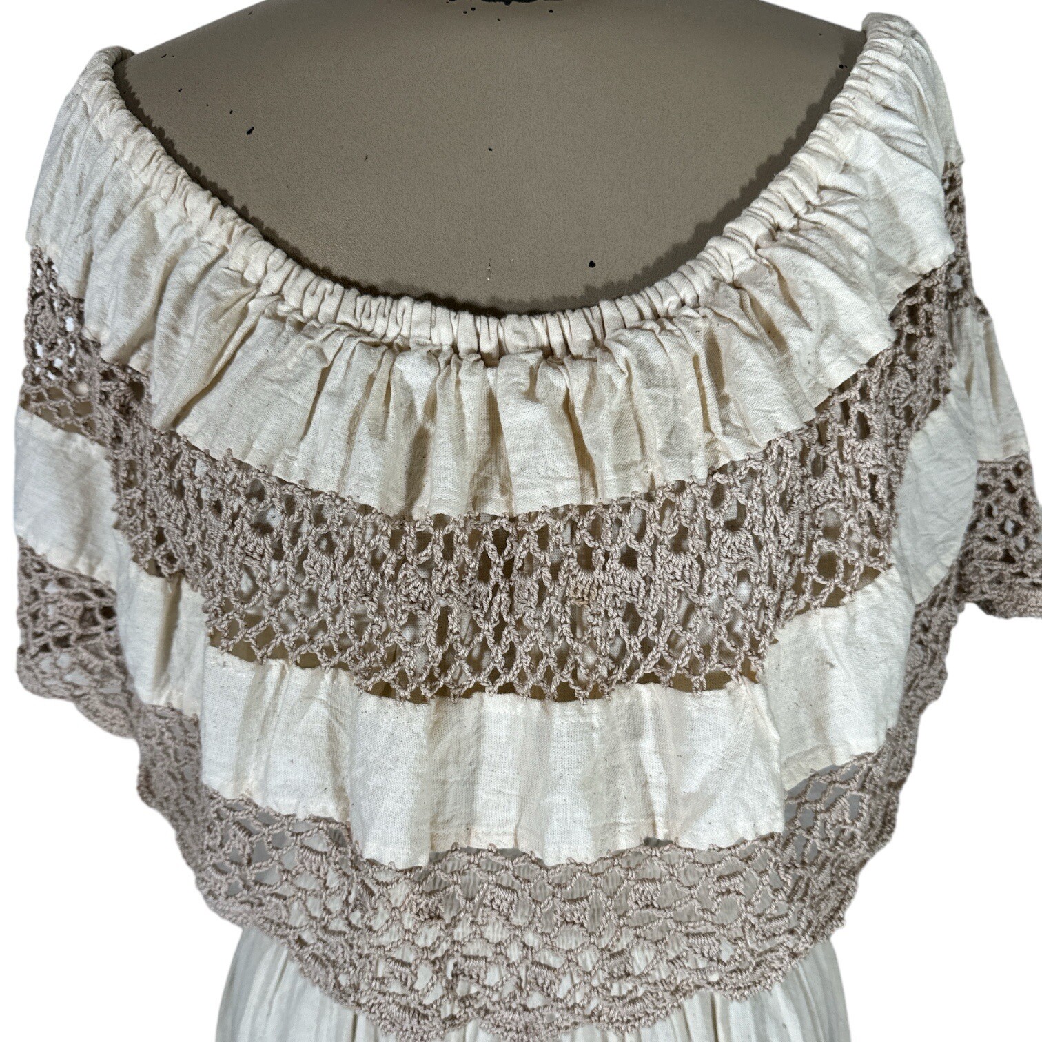 Vintage Monica Richards Boho Mexican Off Shoulder Linen Dress Cottage Ethnic