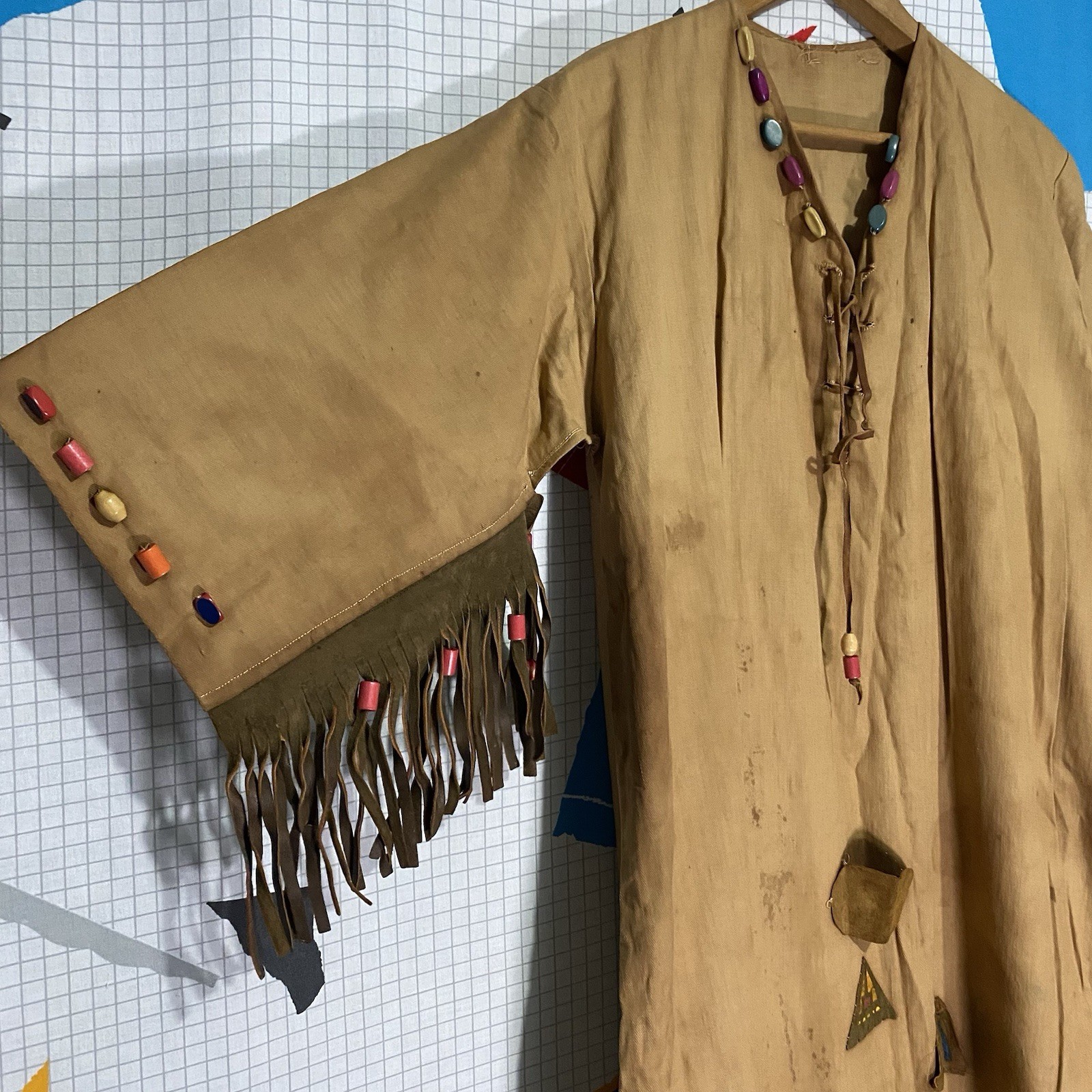 Antique 20s 30s Native Gown Leather Fringe Beads Patches Campfire Girls Navajo