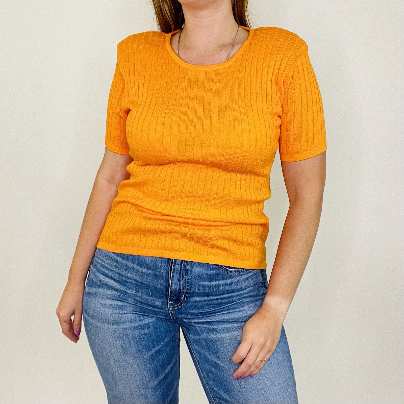 Vintage 90s David Hollis Ribbed Orange Short Sleeve Sweater Blouse Medium Womens