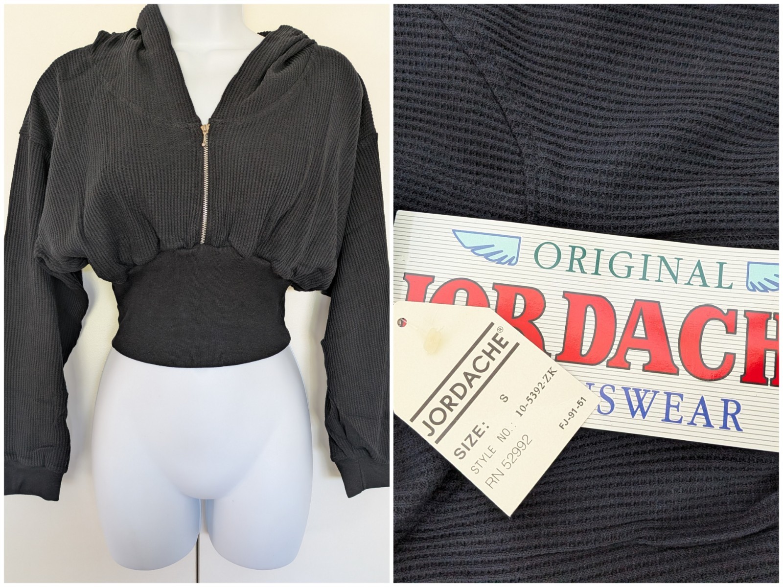 Vintage 90s Y2K Jordache Jeanswear Hooded Crop waffle knit fitted top black S
