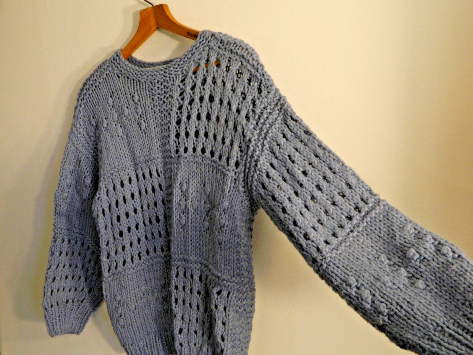 Vtg Wainwright Spencer Hand-Knit Patchwork Sweater Blue Eyelet Bobble Popcorn L