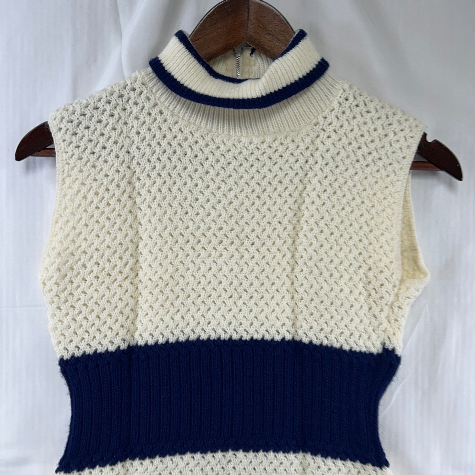 Tunic Women Small Cream Navy Blue Mod Ribbed Waist Mock Neck Zip Back Handmade