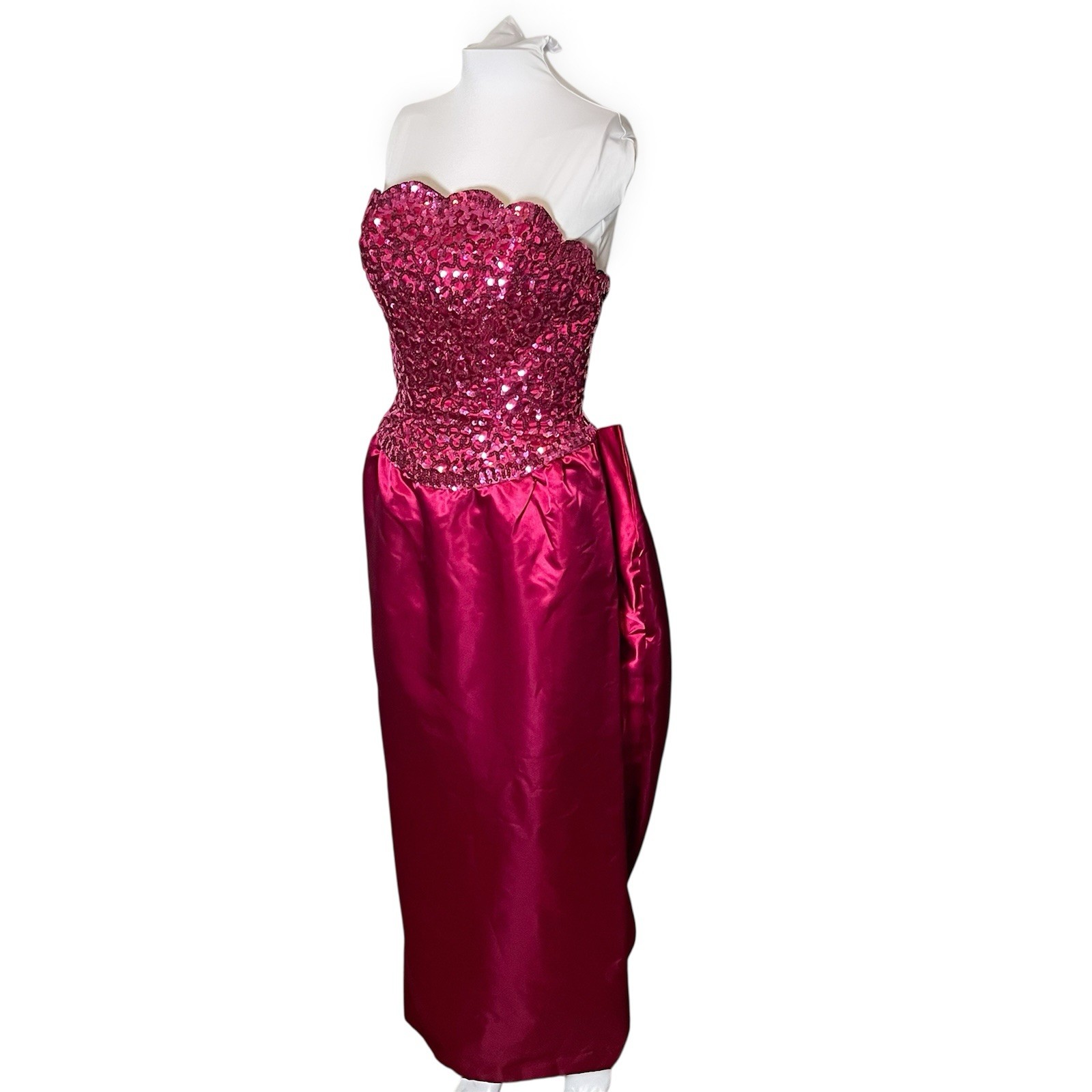 Vintage Mike Benet Satin 60s 70s Hot Pink Prom Formal Dress Sequin Scalloped