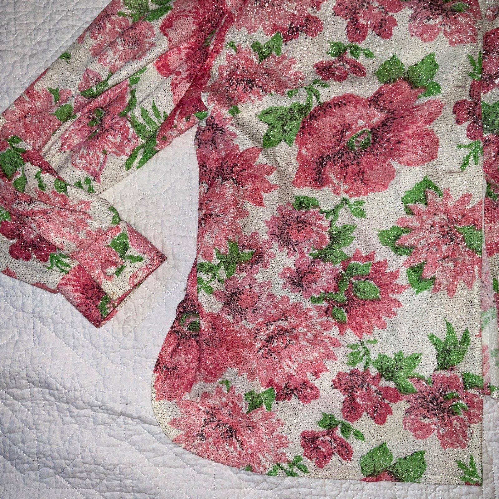 Vintage 60s maxi dress shirt set Womens size 18 XL floral metallic pink green