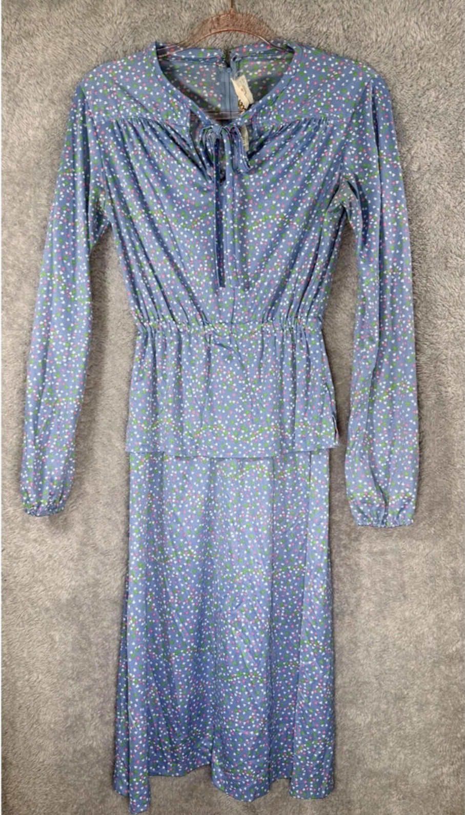 Vintage 70s Just Mort LTD Heart Print Midi Dress Bow Peplum Long Sleeve Size 10