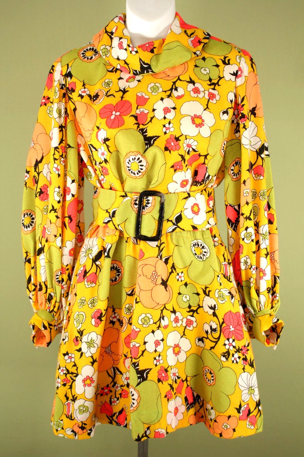 VTG Women’s 60s Yellow & Green Psychedelic Floral Mini Dress W/ Belt XS/S 1960s