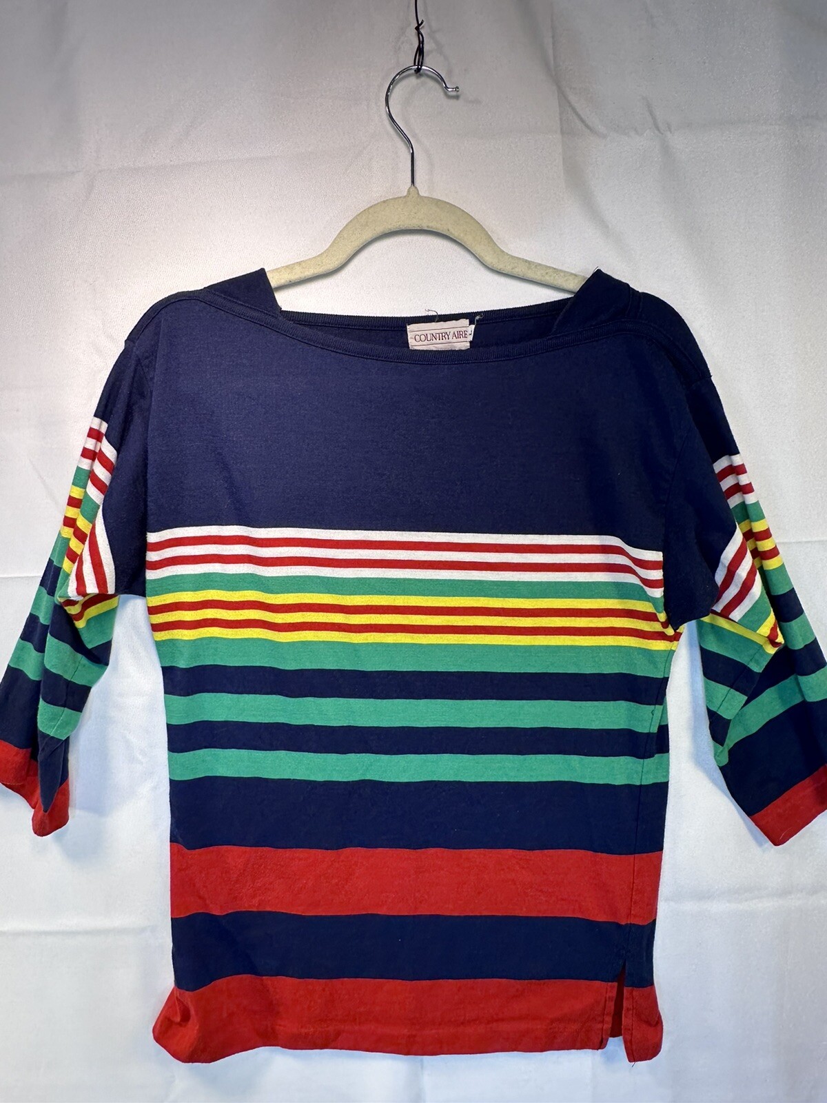 Vintage 80s Striped Boatneck 3/4 Sleeve Top Shirt Navy Red Green M/L Preppy