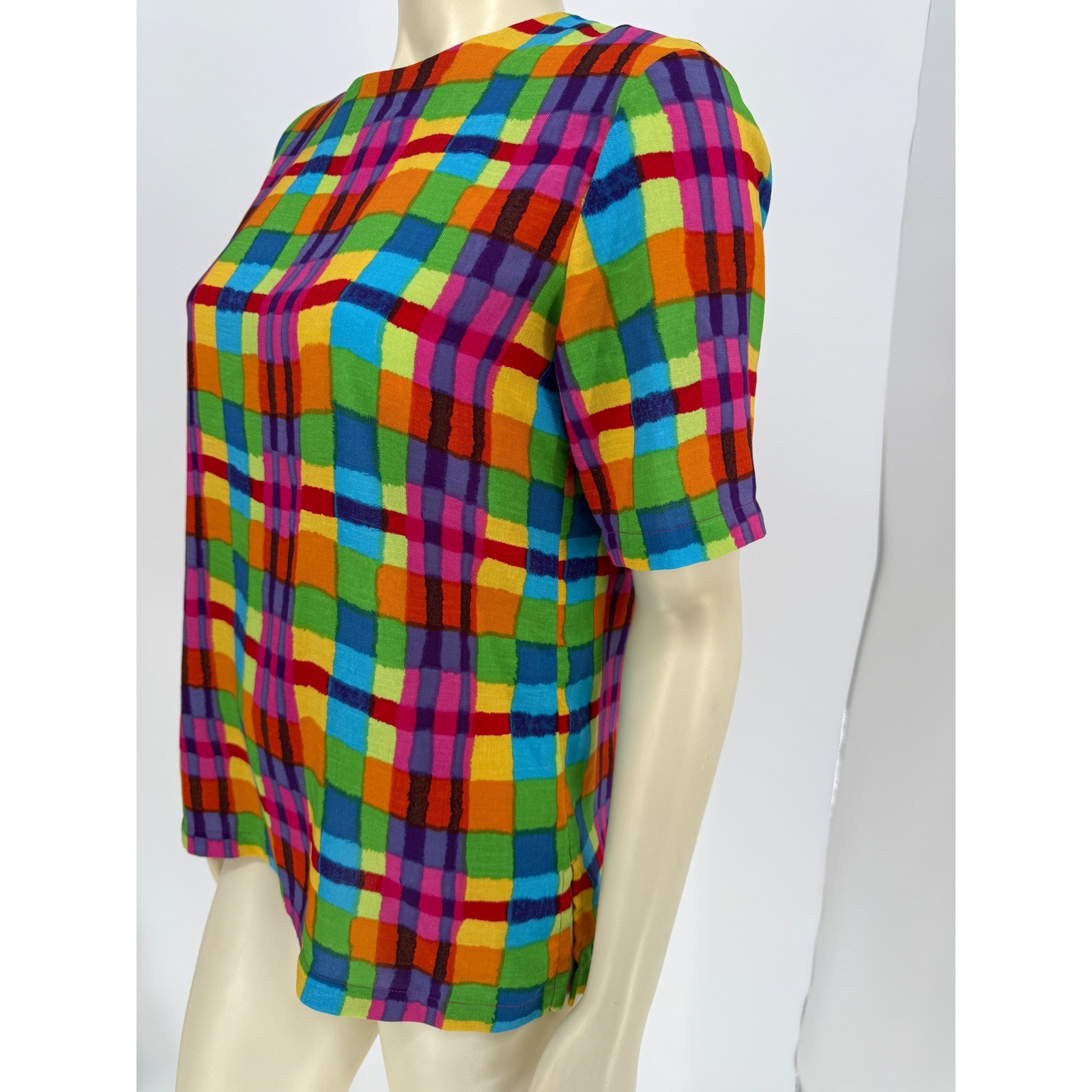 Vintage Patchington Rainbow Plaid Short Sleeve Blouse Womens Multicolor Top