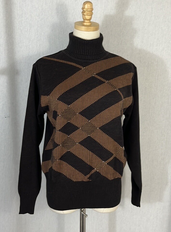 Vintage 100% New Wool Geometric Fine Gauge Le Jui Sweater M Brown Tan
