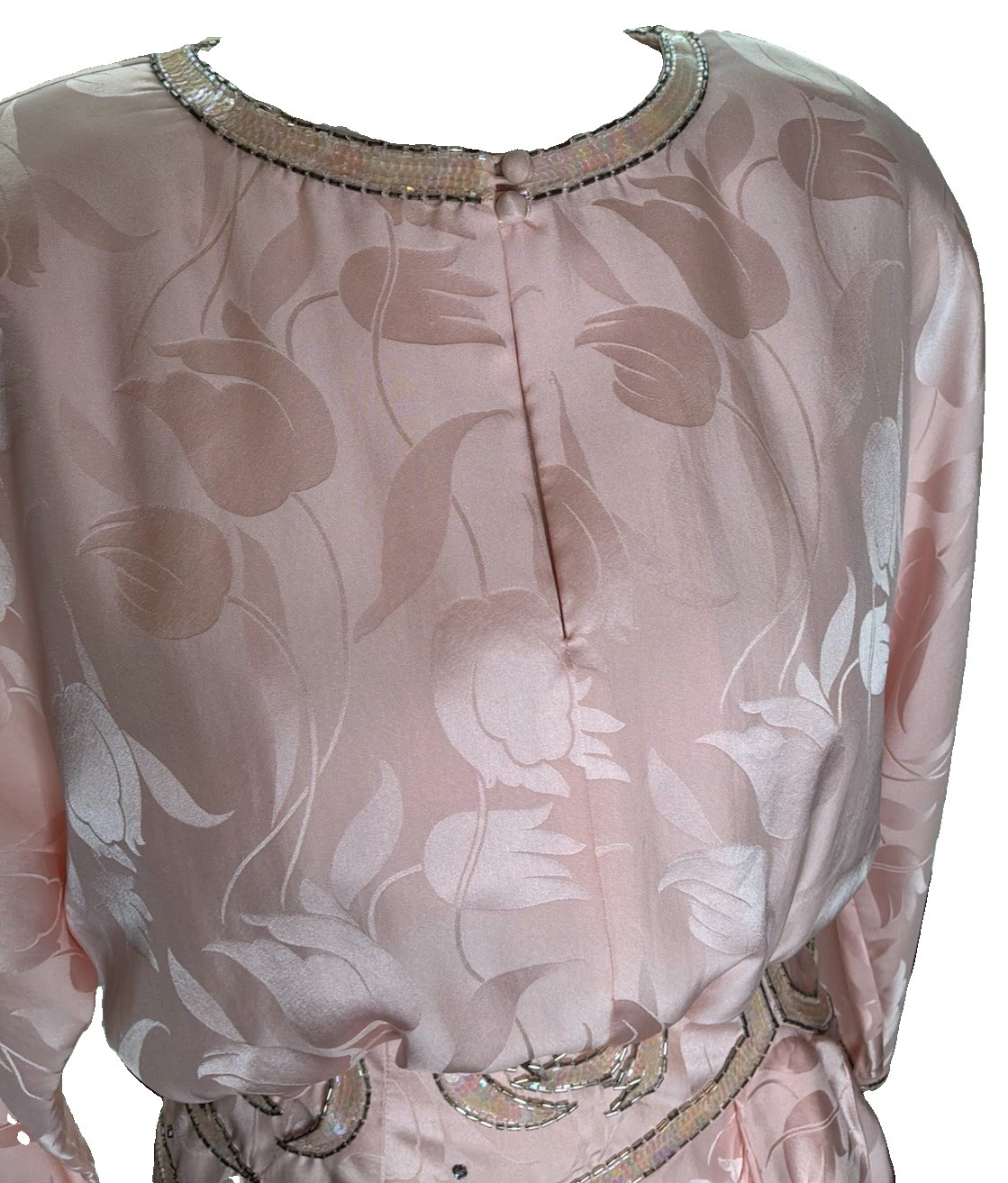 Vintage Oleg Cassini Pink Silk Beaded Cocktail Dress Tulip Jacquard Size 6