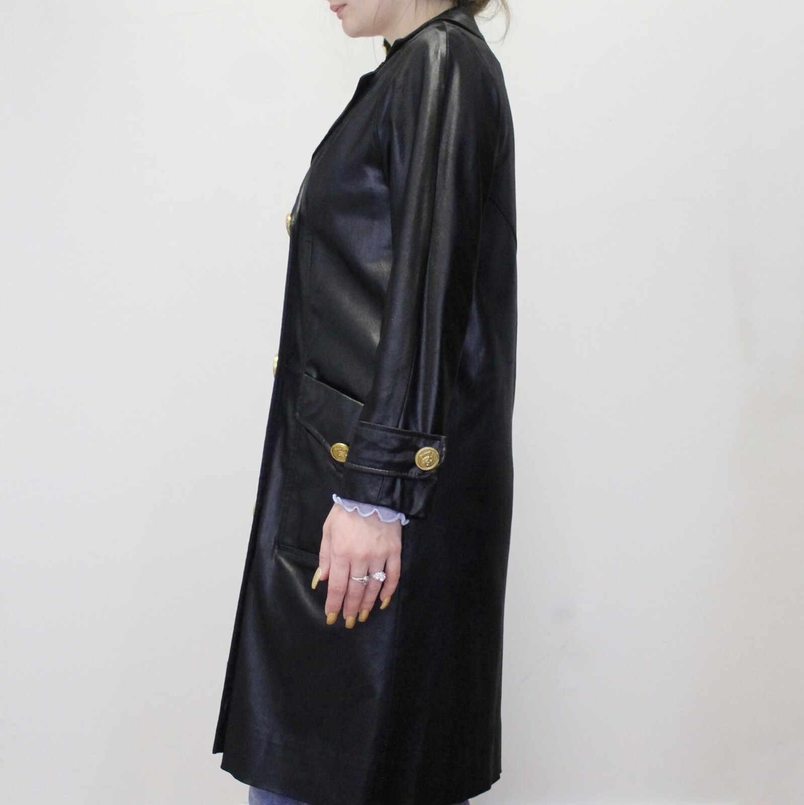 Vintage 60s Gothic Mod Black Satin Trench Coat by Count Romi Double Breasted
