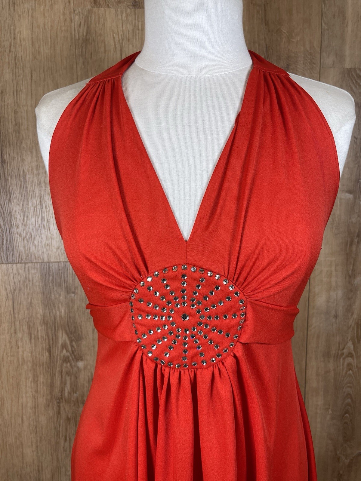 Vintage 1970’s Orange Red Halter Maxi Dress W Rhinestones As Is
