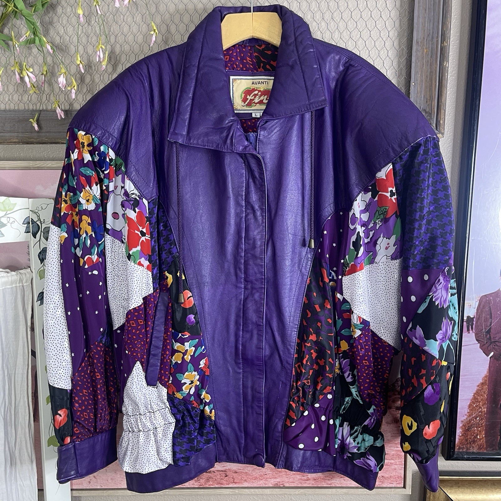Avanti Fino Vintage Leather 80s Bomber Jacket Women Large Multi-Patterned Zip-Up