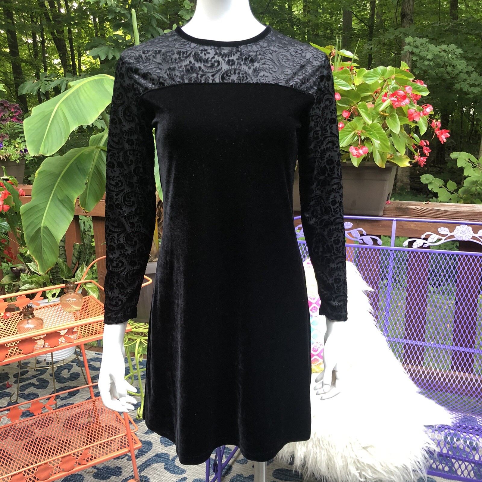 💋 Vintage 90s Velvet Velour Black Burnout Dress Grunge Goth Alternative Size 4