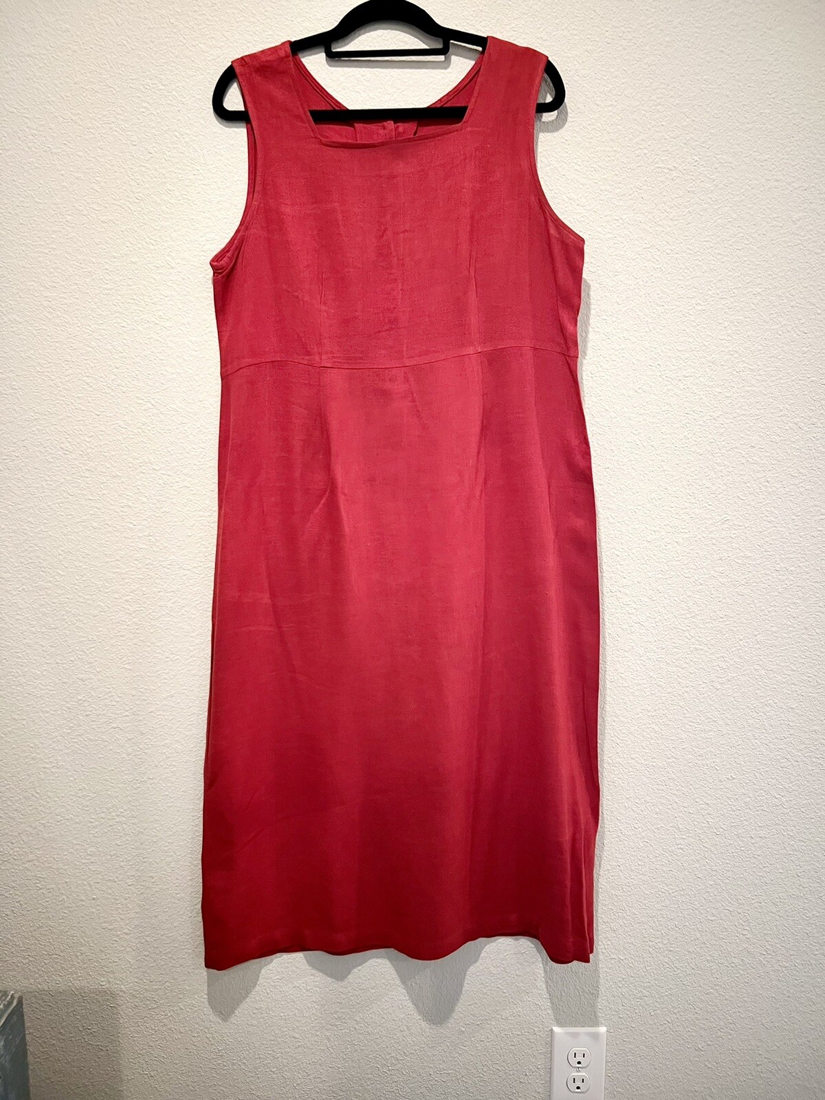 Vintage 90s Red Sleeveless Dress Flax Linen Blend Empire Waist Minimalist Sz 16