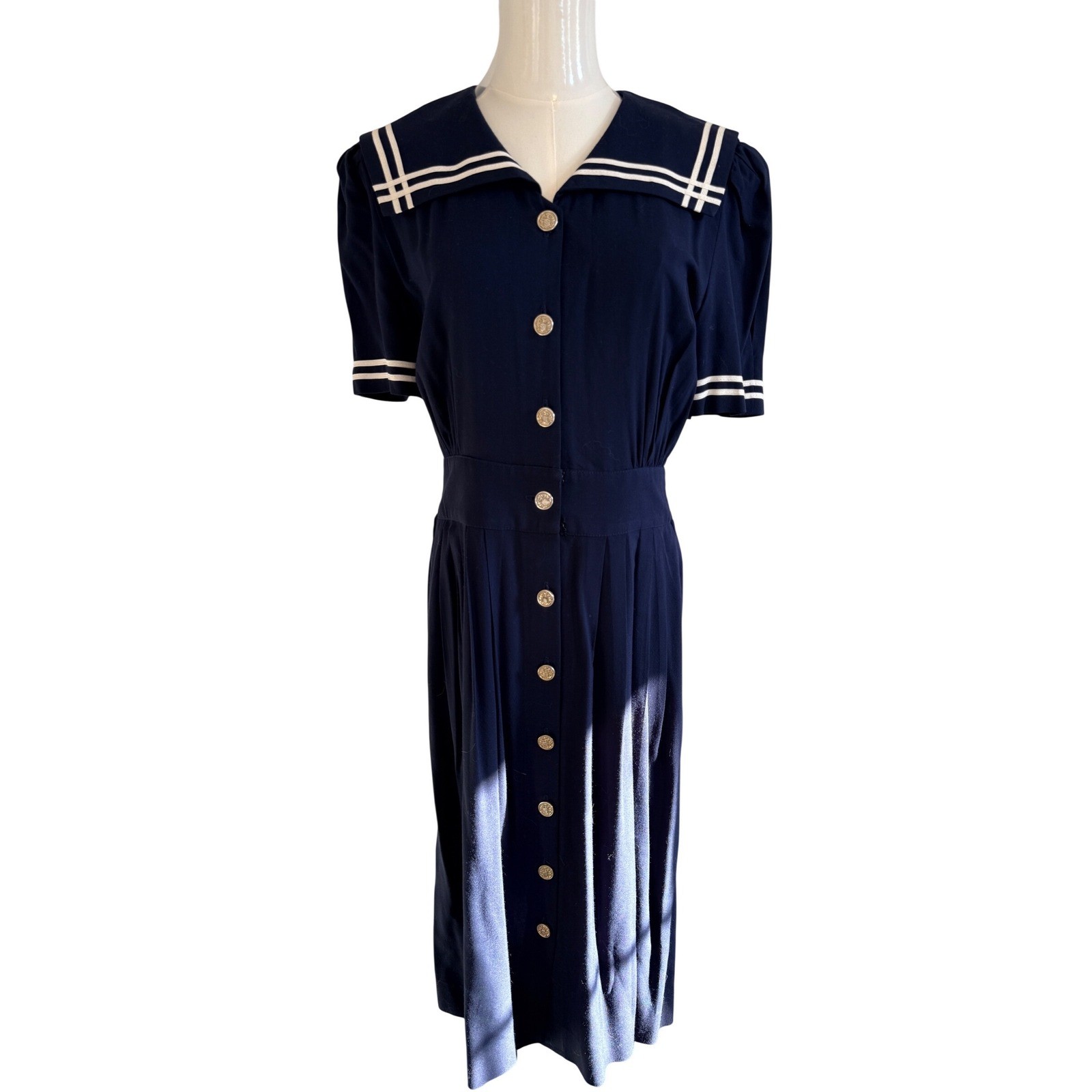 Navy Blue Sailor VTG Dress Crest Buttons 8P Nautical Rockabilly 80s does 40s