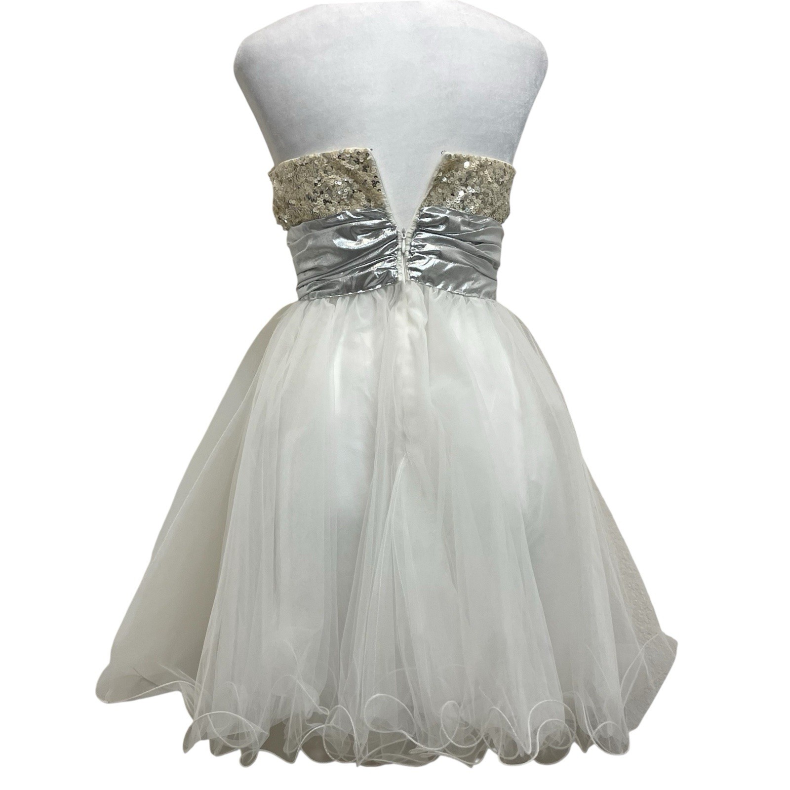 Aspeed Vintage 90s White & Silver Sequin Strapless Tulle Formal Prom Dress sz XS