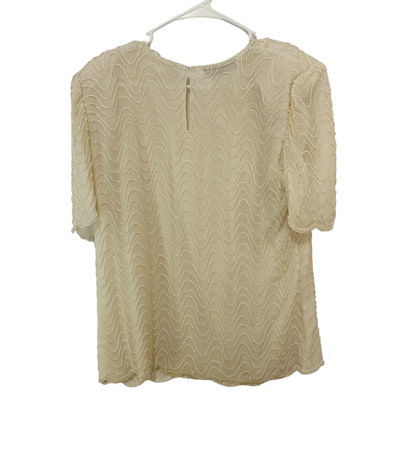 Vintage Scala 100% Silk Beaded Wave Top Cream Evening Cocktail Blouse Medium