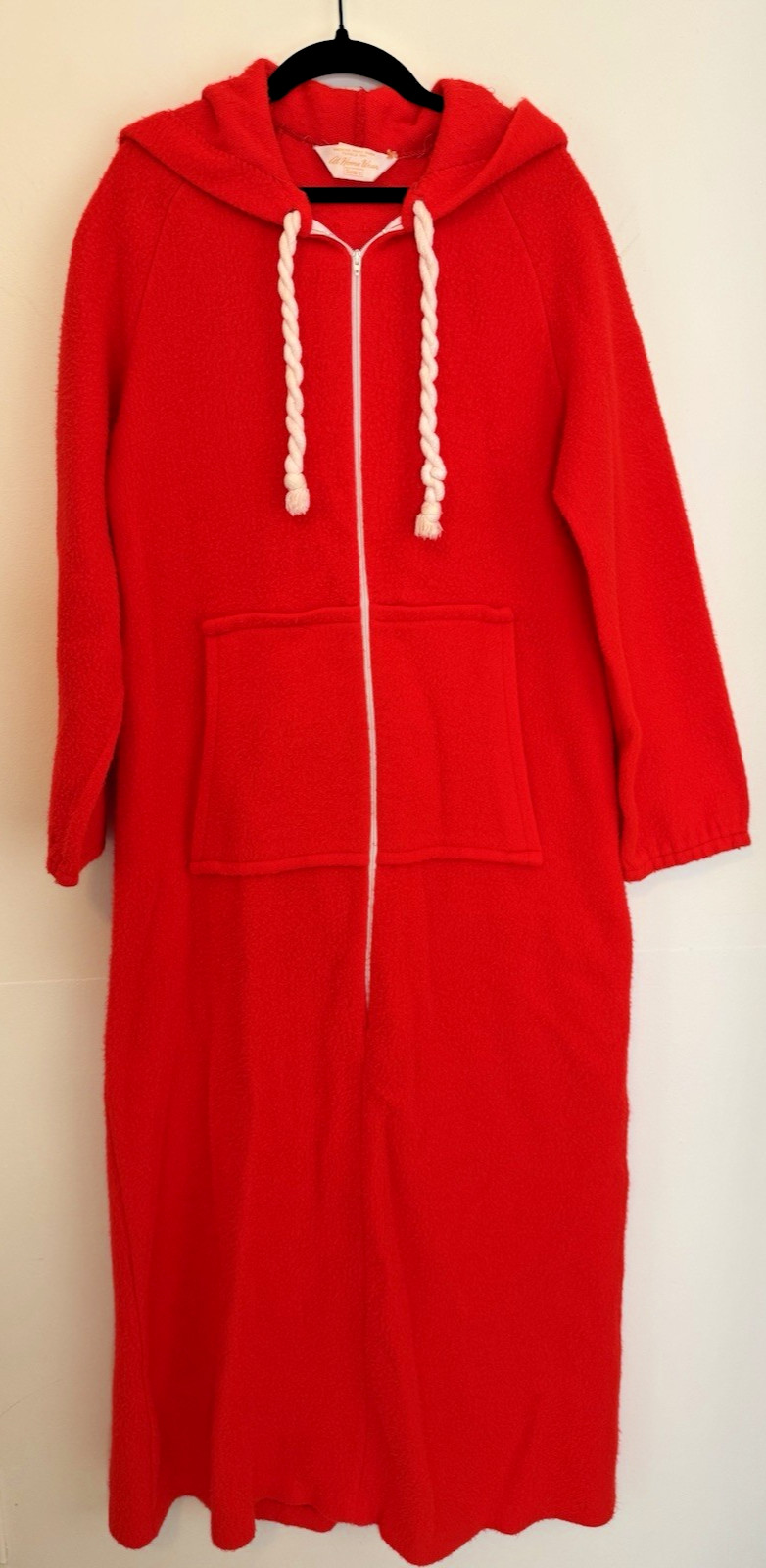 Vtg MCM Sears At Home Wear Fuzzy Bright Red Zip Robe W/Hood Pockets Sz S/M
