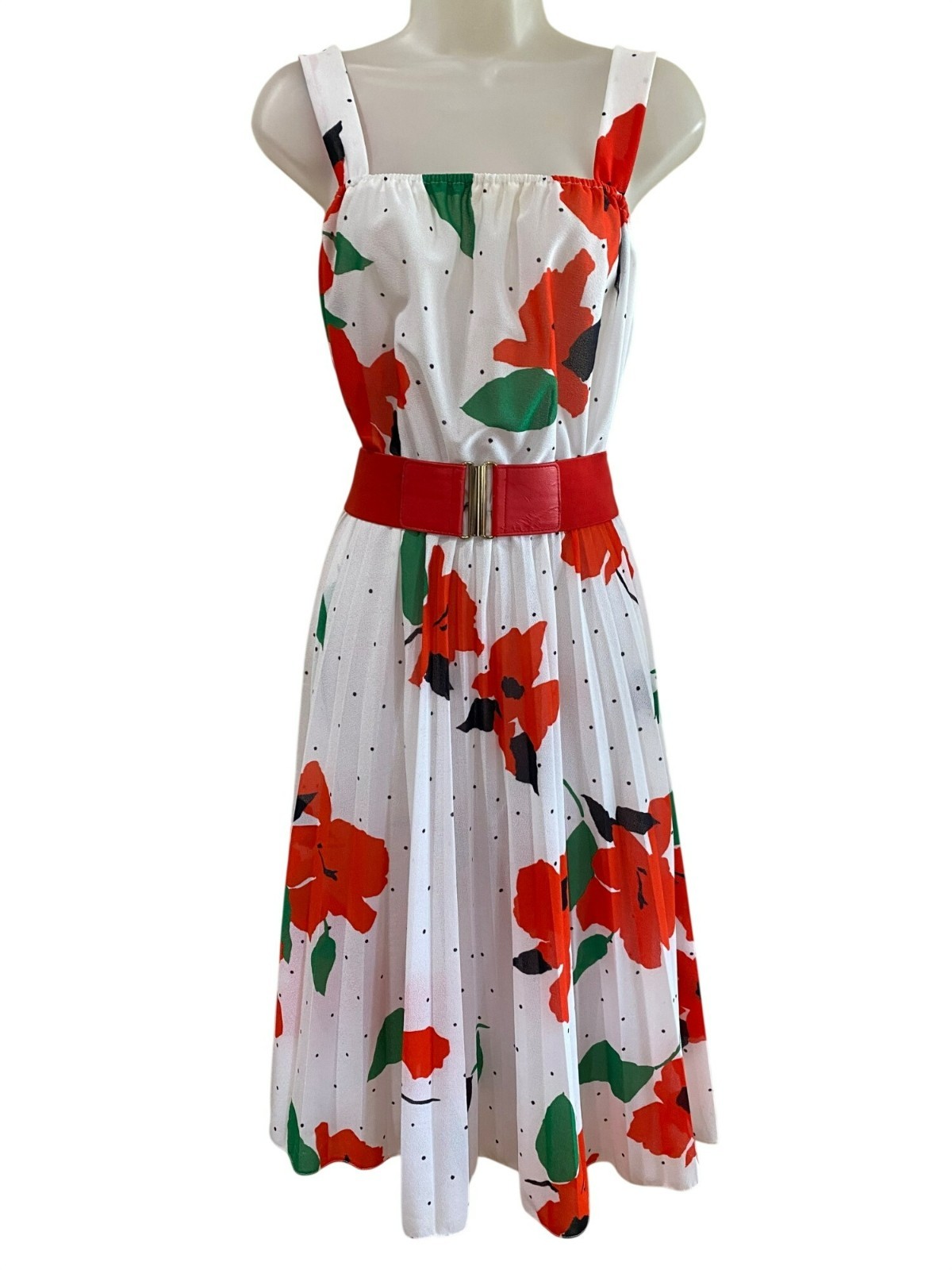 Vintage Haggar’s Women’s Wear Floral Polka Dot Pleated Midi Dress White Red Gree