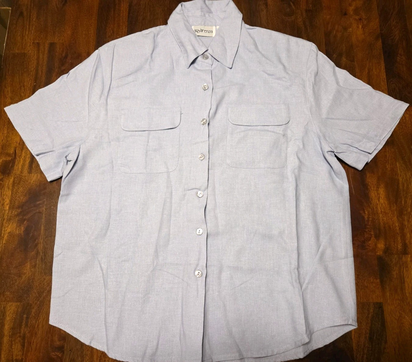 VTG Apparenza Blue Linen Rayon Camp Shirt Petite L Flap Pockets Shoulder Pads