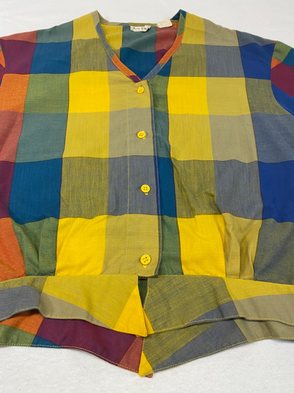 Vintage Patchwork Plaid Shirt 60s 70s BonJour Hippie Top Colorful Retro Mod Boho