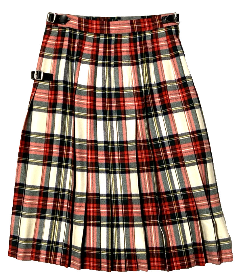 Vintage Wrap Skirt Academia Fringe Pleats Plaid Buckle Wool Scottish Lion Small