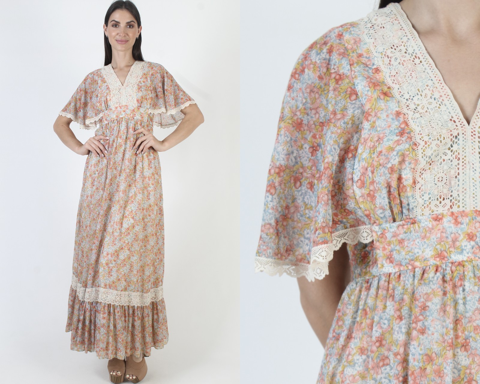 Vtg Candi Jones California Dress Floral Calico Prairie Flutter Angel Slv Cottage