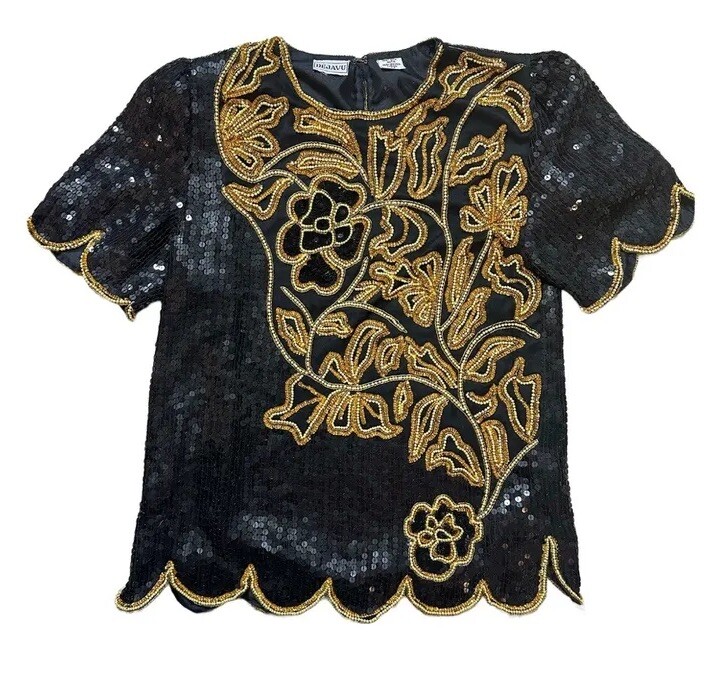 80s DEJAVU Silk Black And Gold Beaded Glam Sequin Top Woman Medium