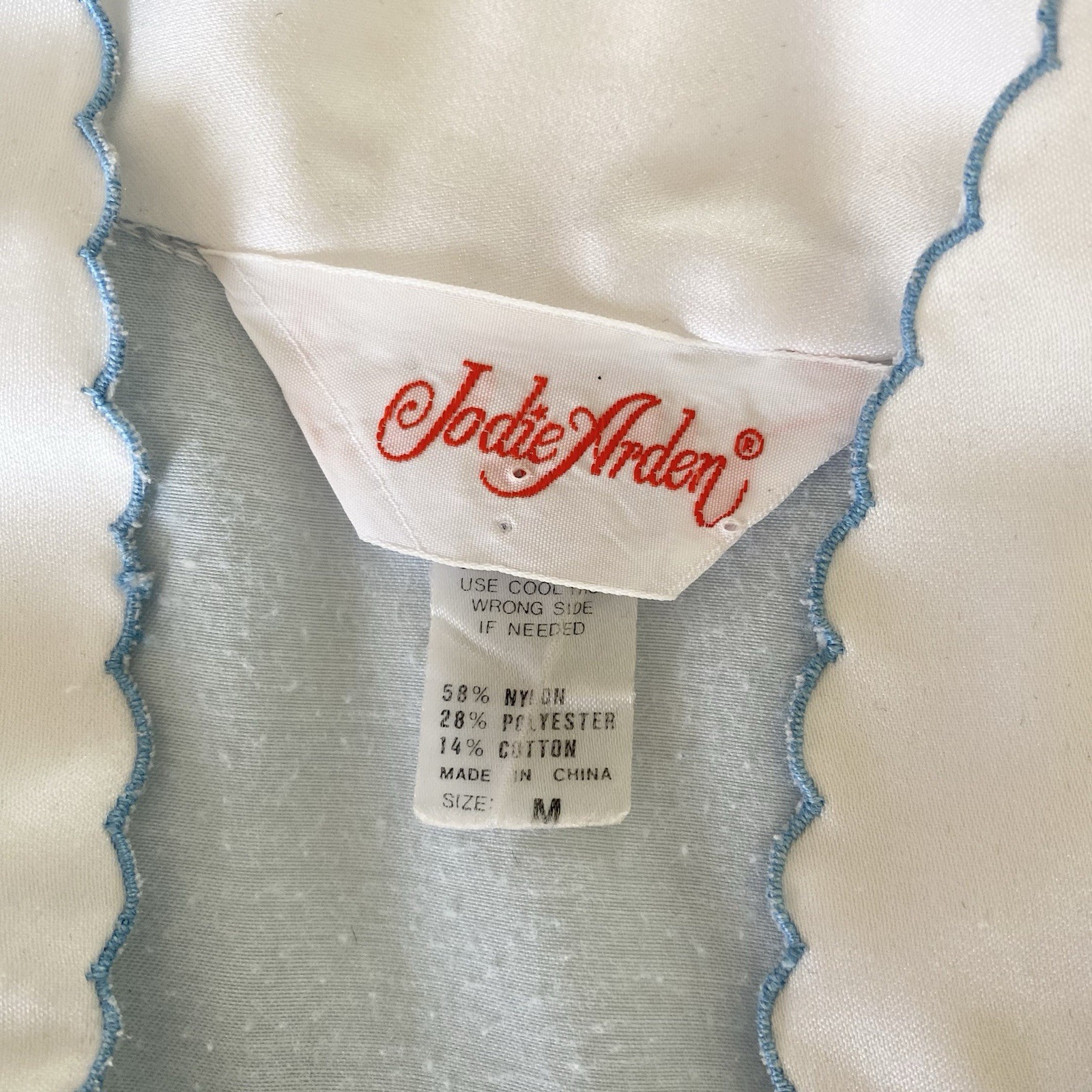 Vtg Jodie Arden Blue Satin Nightgown M Embroidered Floral Scallop Trim Long READ