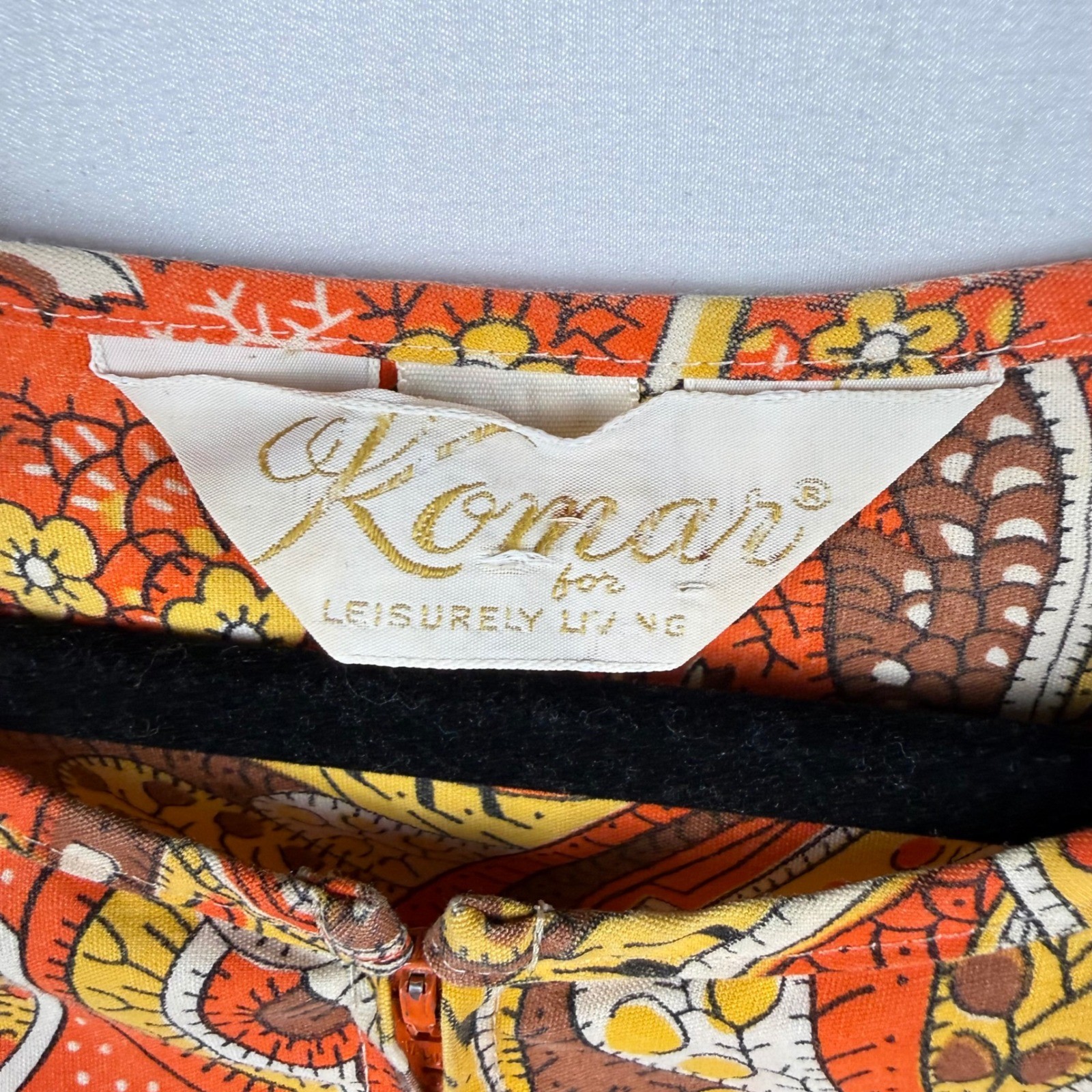 Vintage Komar Orange Paisley Zip Front Sheath Dress 70s Retro Boho Made in USA