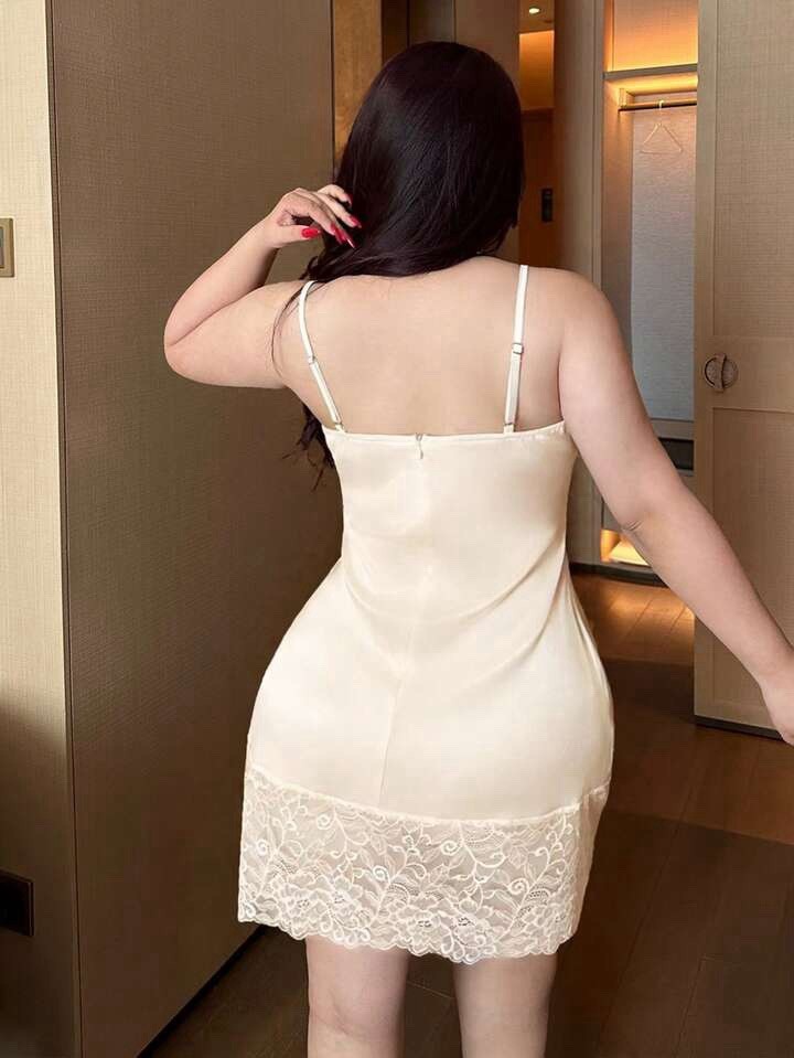 Glossy Stretch Satin Full Slip Mini Dress Apricot Wide Lace Shaper 4X 4XL NEW