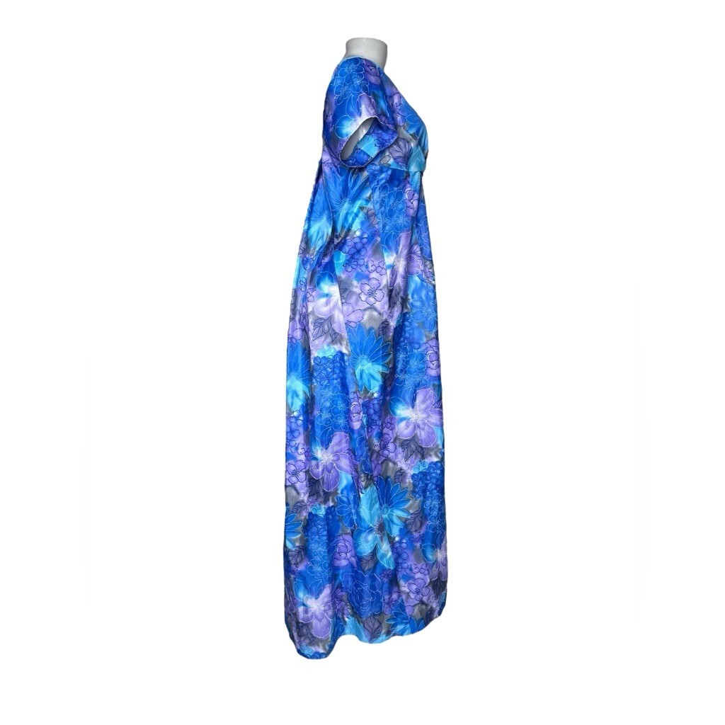 VTG 70s Sun Fashions of Hawaii Floral Muumuu Dress Blue Purple Maxi Aloha Gown