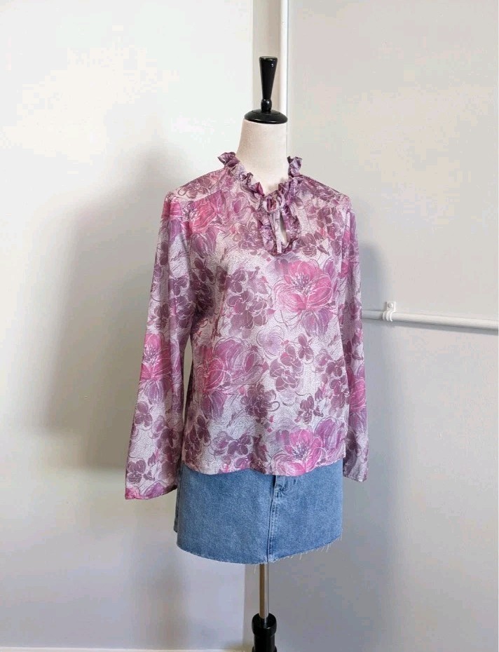 Vintage 70s D Allaird’s Blouse Womens Large Pink Floral Ruffle Neck Tie Top