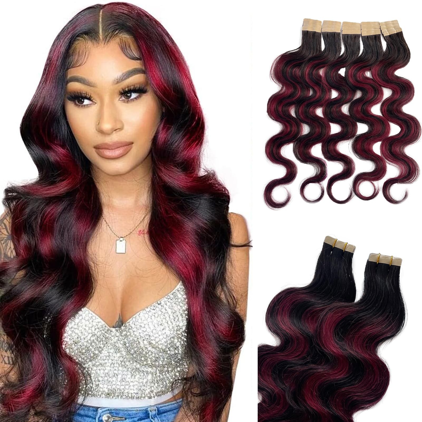 Burgundy Body Wave Tape-in Human Hair Extensions Highlight Natural Black