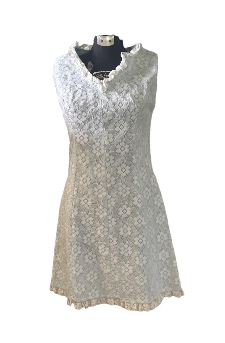 Vintage 1960’s Gay Gibson White Lace Over Baby Blue Dress With Lace Neckline/Hem