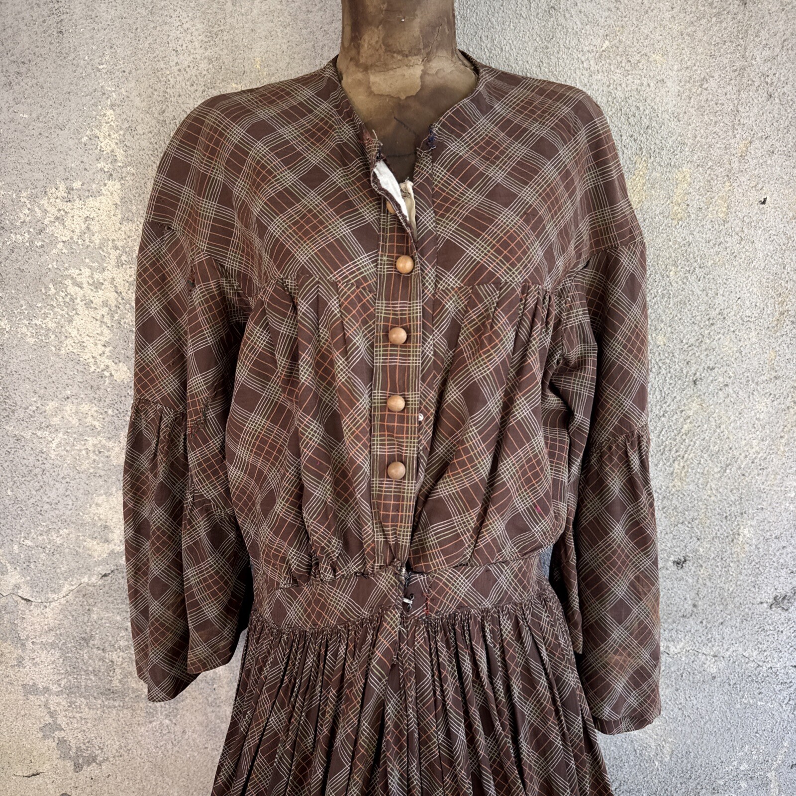 Vintage 1930s Brown Green & Orange Plaid Linen Dress Maxi Bell Sleeves Wooden