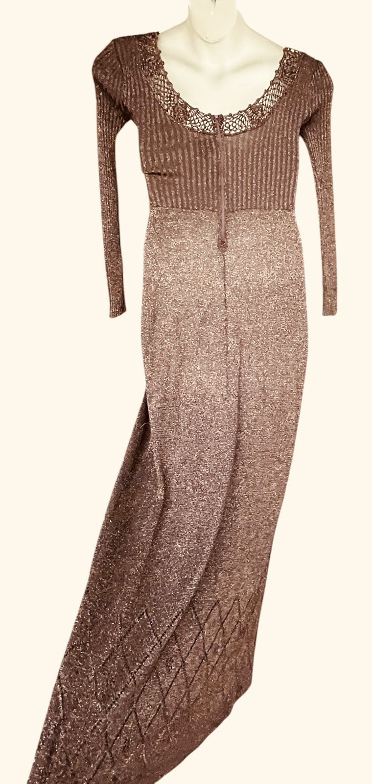 Vtg 70’s WENJILLI Bronze Metallic Slinky Knit Lurex Shimmer Maxi Dress 11 / 12